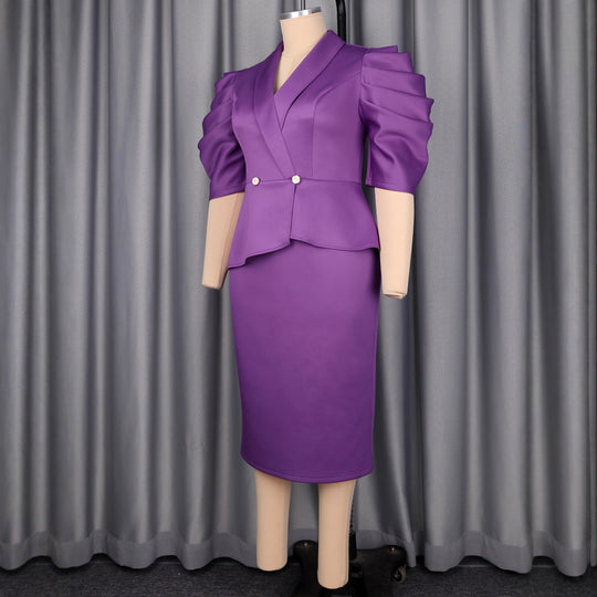 Damen Elegantes Business-Kleid mit stilvollem Wickel-Design und Puffärmeln R&B