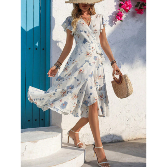 Damen Wickelkleid mit floralem Muster und fließendem Saum R&B