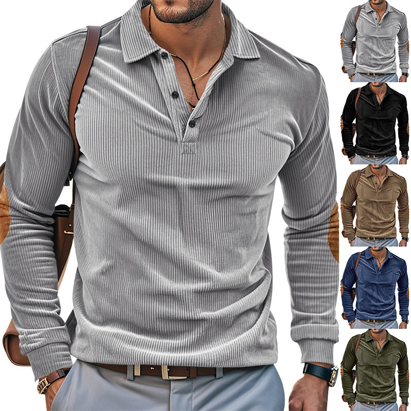 Herren lässiges Langarm-Henley-Shirt mit strukturiertem Rippenstoff und kontrastierenden Ellbogenpatches R&B