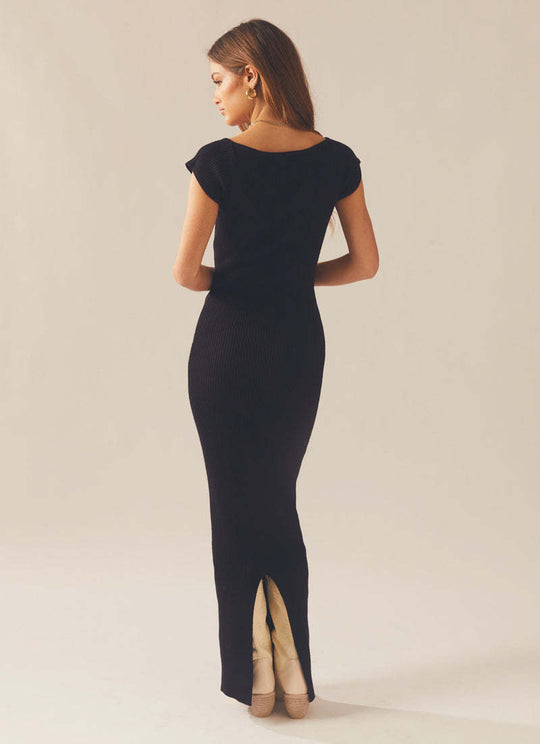 Damen figurbetontes Strick-Maxikleid mit schulterfreien Ärmeln und elegantem V-Ausschnitt R&B