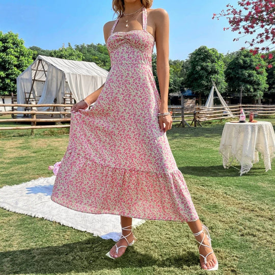Damen Maxikleid mit floralem Design und gerafftem Saum R&B