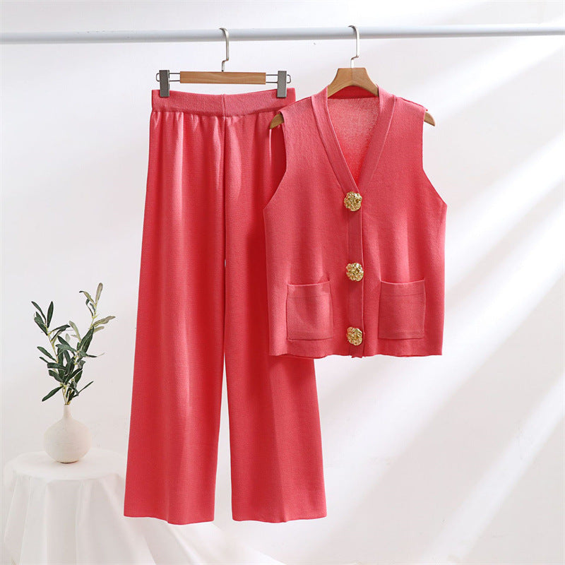 Damen elegantes Strick-Loungewear-Set mit Knopfdetaillierung R&B