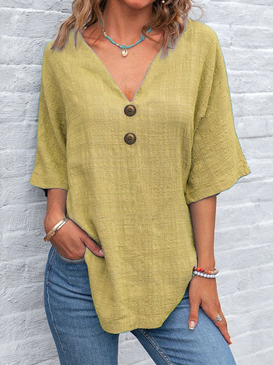 Damen V-Ausschnitt Bluse mit dekorativen Knöpfen und lässigem Schnitt R&B