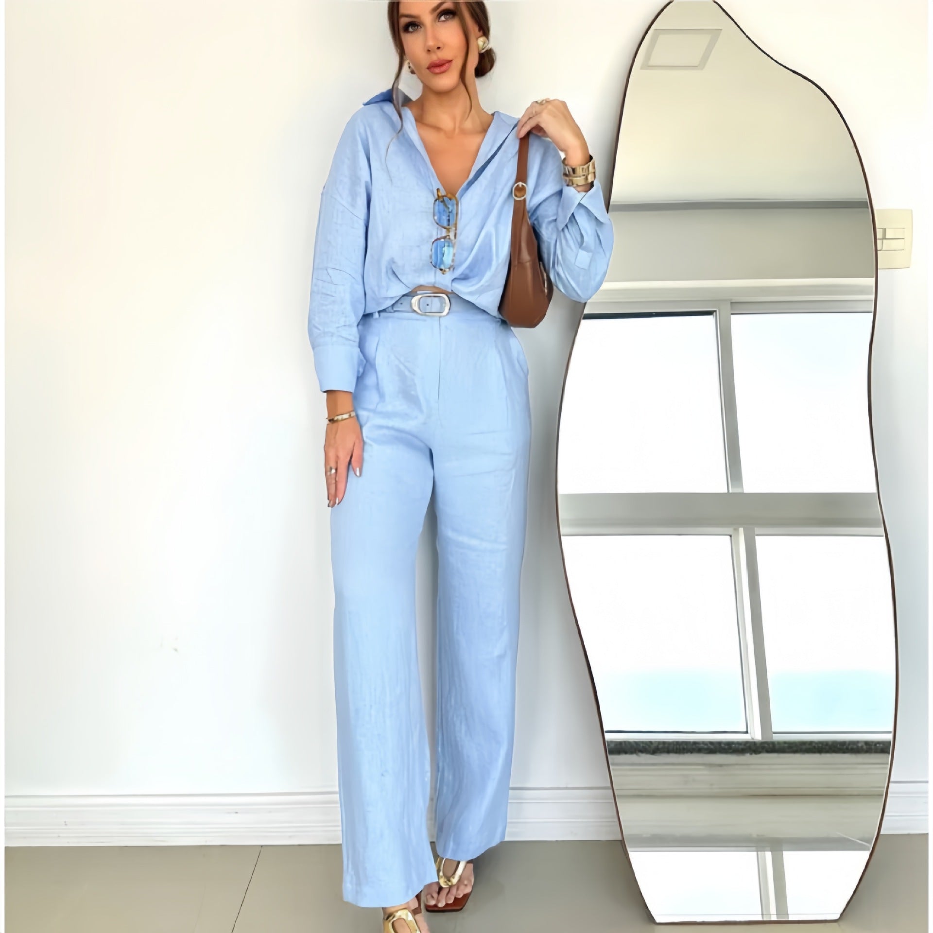 Damen angesagter Leinen-Jumpsuit mit tailliertem Schnitt und langen Ärmeln R&B