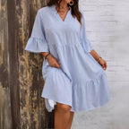 Damen gestreiftes Sommerkleid mit voluminösen Rüschensäulen und V-Ausschnitt R&B