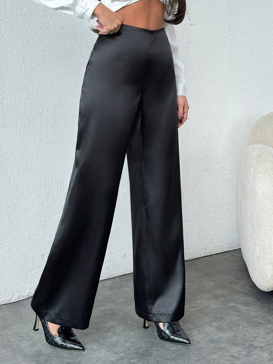 Damen elegante, weite Satin-Hose mit hohem Bund und fließendem Schnitt R&B