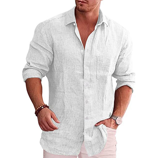 Herren lässiges Leinenhemd mit Brusttasche und Rollkragen R&B