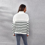 Damen Strickpullover mit hohem Kragen und modernem Streifenmuster R&B