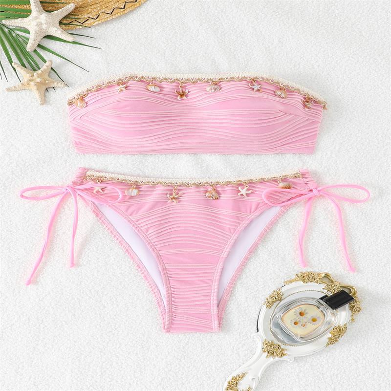 Damen Bandeau-Bikini mit eleganter Spitzenverzierung und verstellbaren Trägern R&B