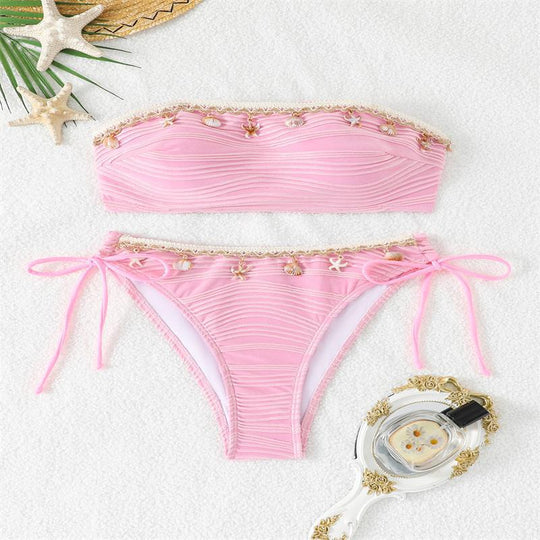 Damen Bandeau-Bikini mit eleganter Spitzenverzierung und verstellbaren Trägern R&B