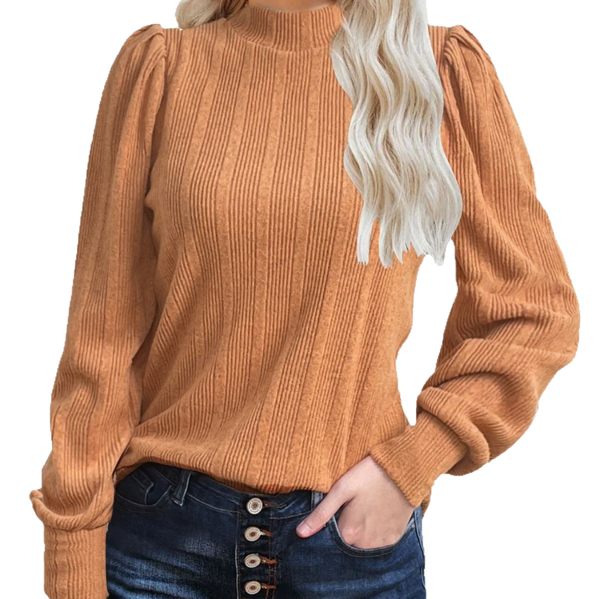 Damen trendiger Pullover mit schmalem Stehkragen und Puffärmeln R&B