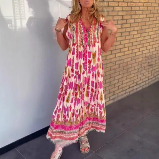 Damen nan fließendes Maxikleid im Boho-Stil mit V-Ausschnitt, Stufenrock und bestickter Passe R&B