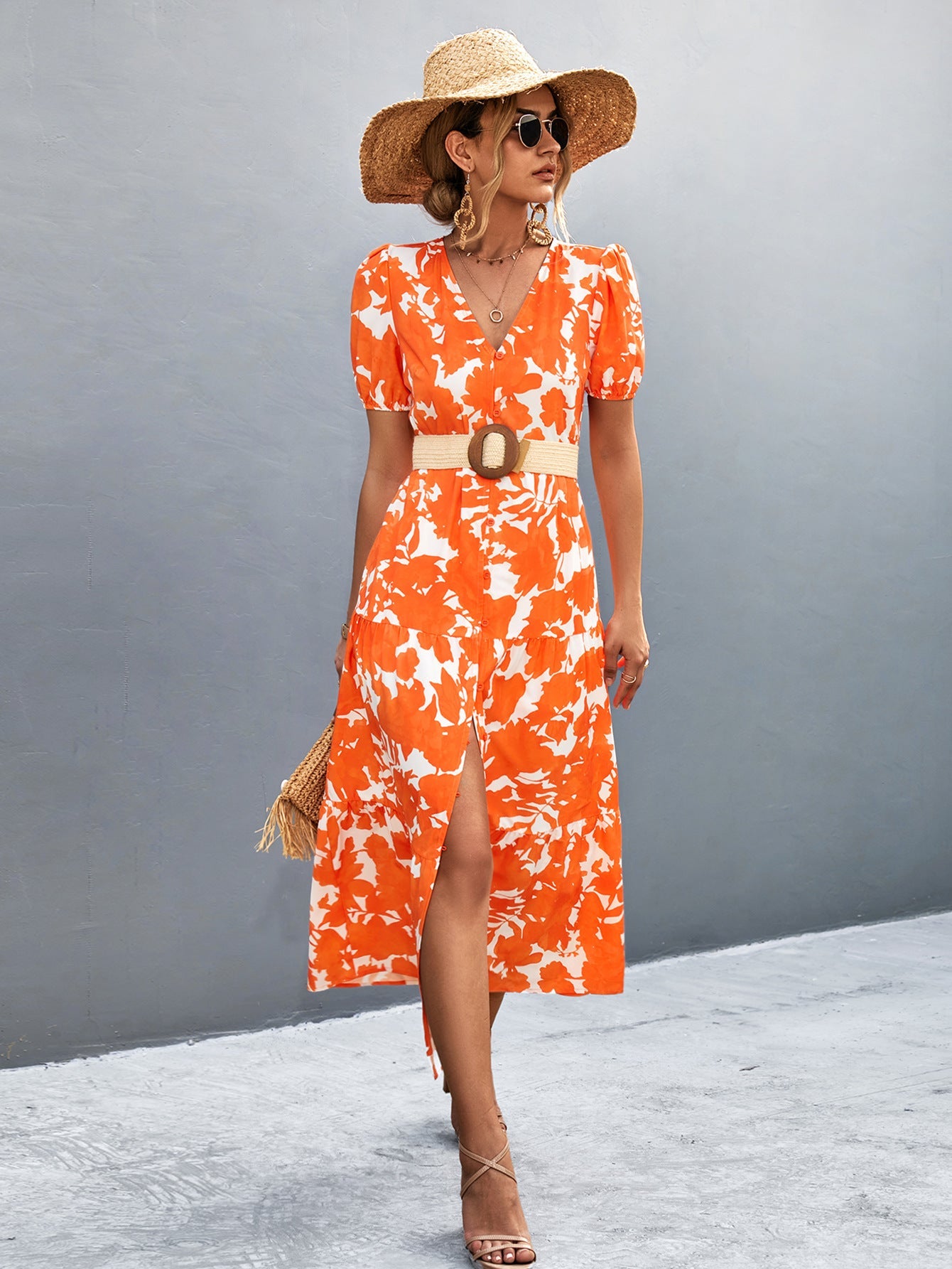 Damen Maxi-Kleid mit voluminösen Ärmeln und eleganten Knopfdetails R&B