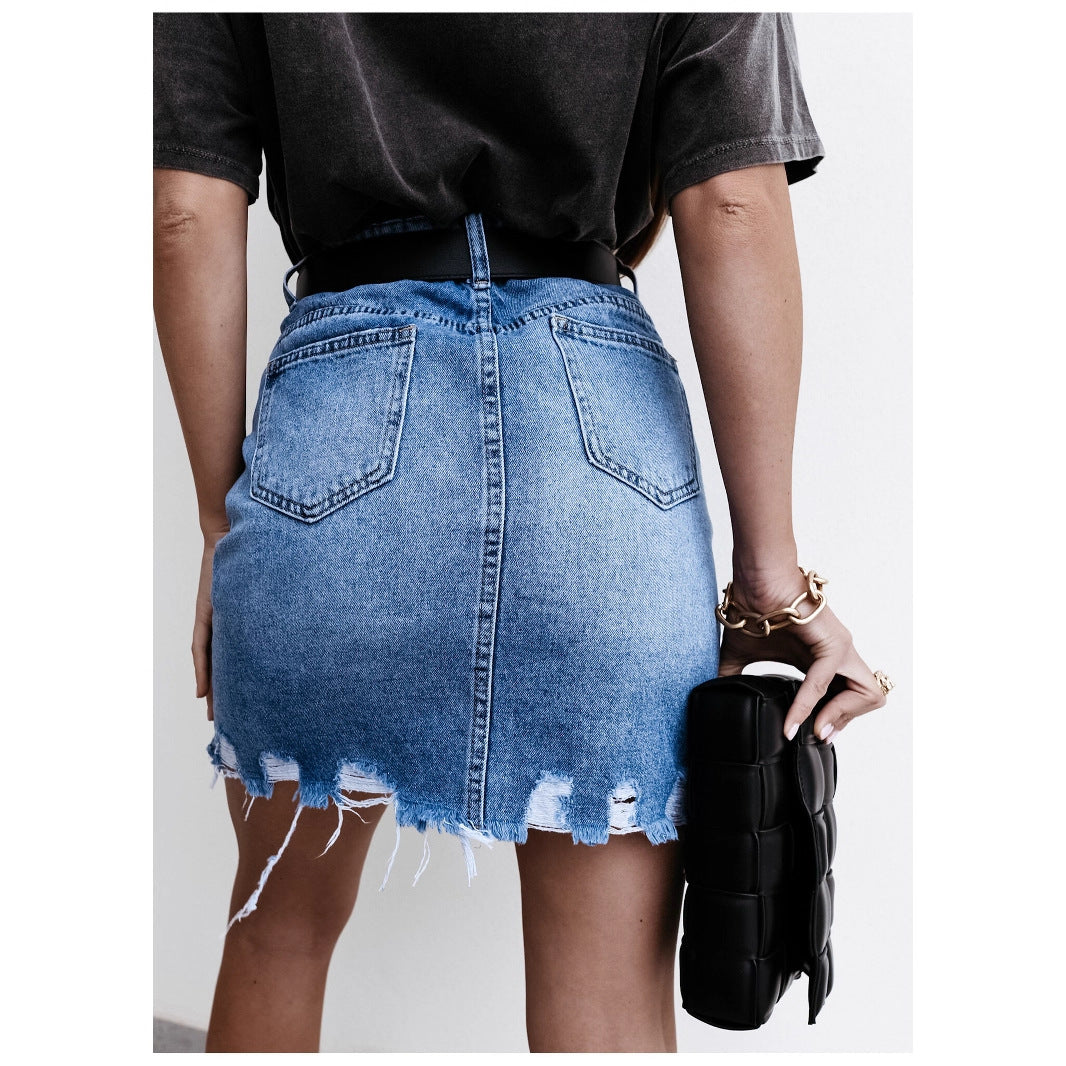 Damen Denim-Rock mit fransigem Saum und modernem Schnitt R&B