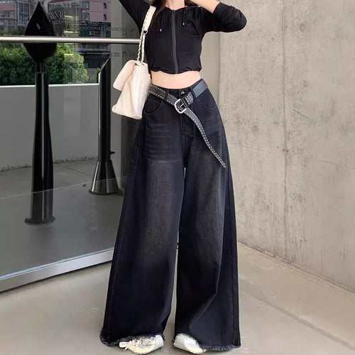 Damen Weite High-Waist Denim-Hose mit modischem Schnitt und auffälligem Gürtel R&B