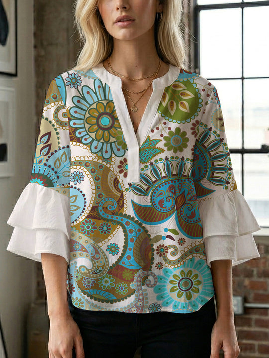 Damen Bluse mit voluminösen Rüschenärmeln und kreativem Floraldesign R&B