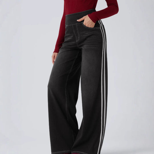 Damen weite Denim-Hose mit seitlichem Streifen und hohem Bund R&B
