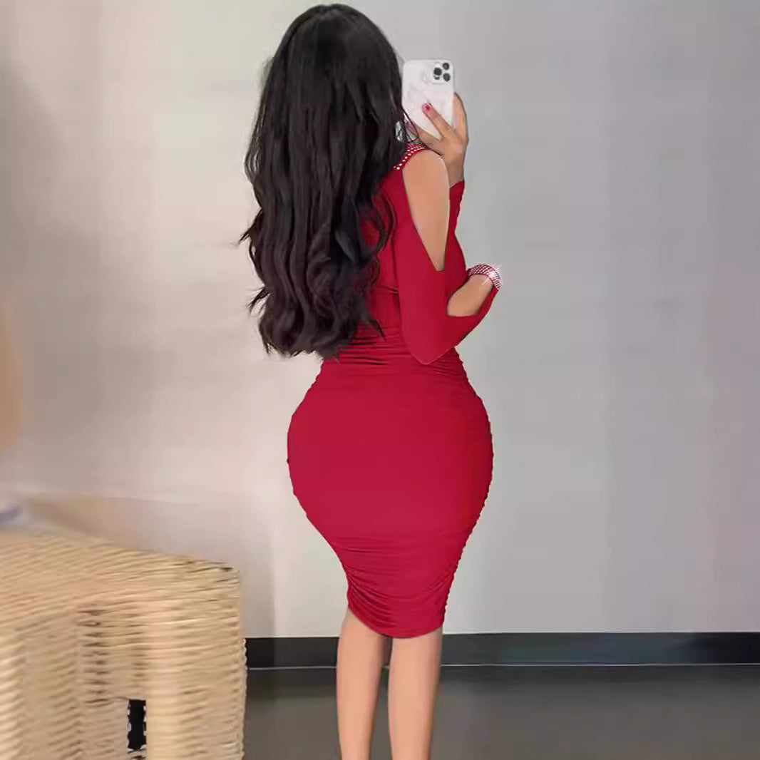 Damen Figurbetontes Cocktailkleid mit detaillierter Raffung und Off-Shoulder-Ärmeln R&B
