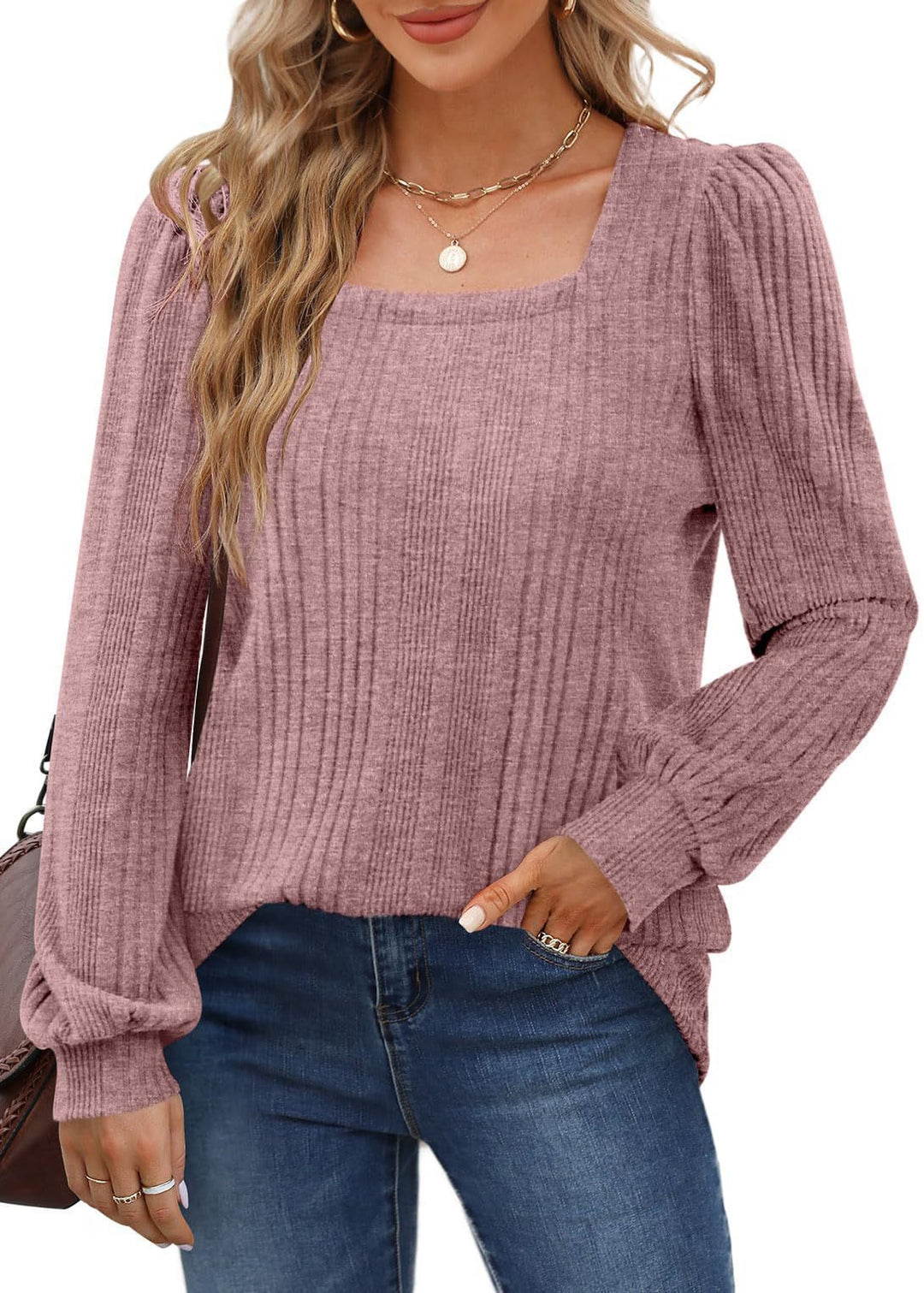 Damen gemütlicher Strickpullover mit Rippstruktur und Puffärmeln R&B