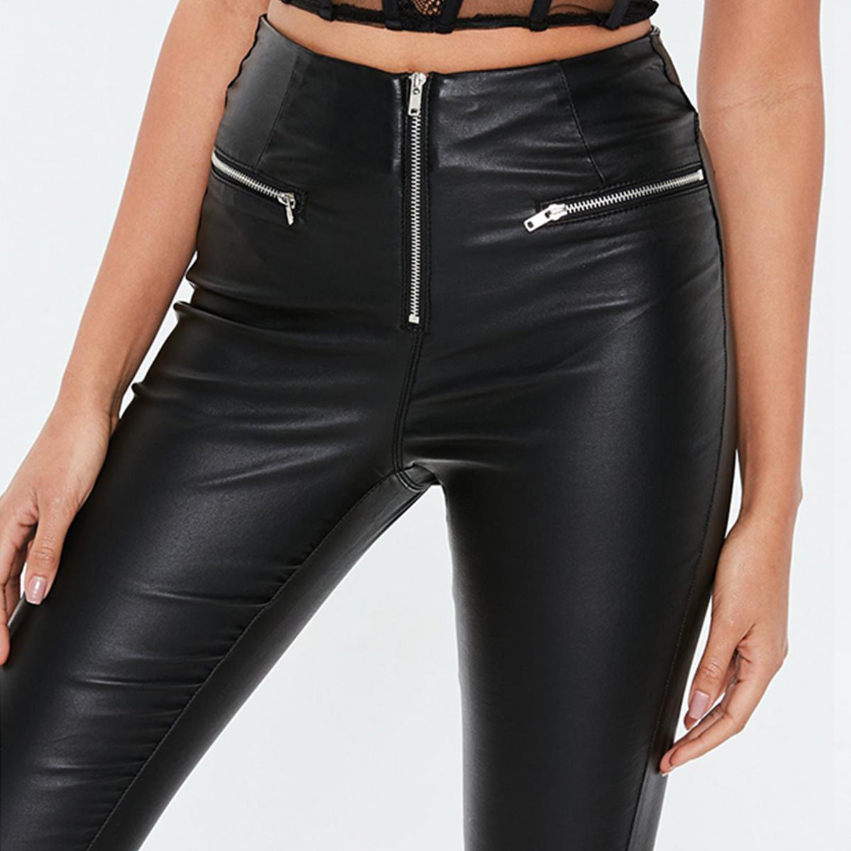 Damen Lederoptik Leggings mit Zipper