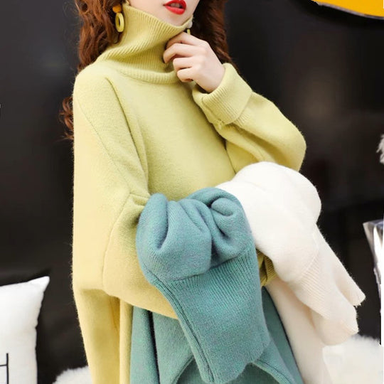 Damen Grobstrick Pullover mit hohem Kragen und lässigem Schnitt R&B
