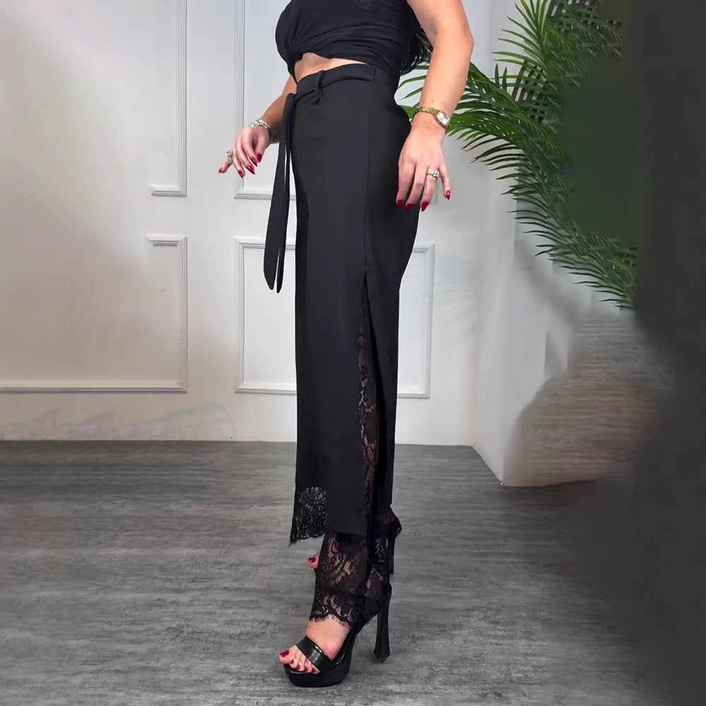 Damen nan taillierte hochgeschnittene Hose mit seitlichem Schlitz, transparenter Spitzen-Unterlage und Bindegürtel R&B