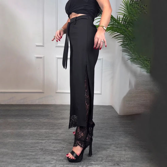 Damen nan taillierte hochgeschnittene Hose mit seitlichem Schlitz, transparenter Spitzen-Unterlage und Bindegürtel R&B