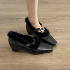 Damen elegante Ballerina-Schuhe mit Kuschelfell-Besatz und schickem Riemen