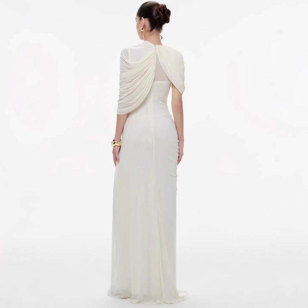 Damen elegantes Maxikleid mit innovativen Drapierungsdetails und asymmetrischem Oberteil R&B