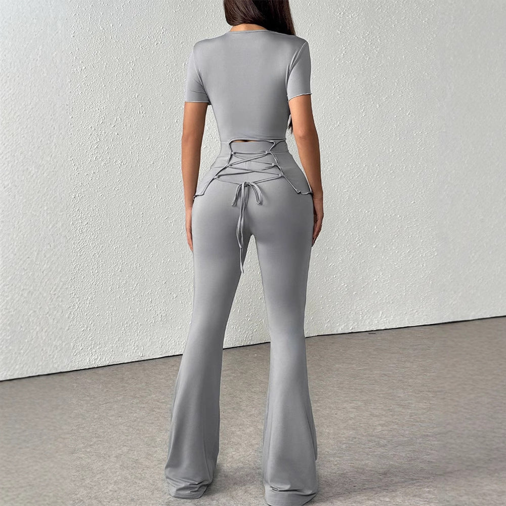 Damen elegantes Set aus figurbetontem Oberteil und ausgestellten Hosen R&B