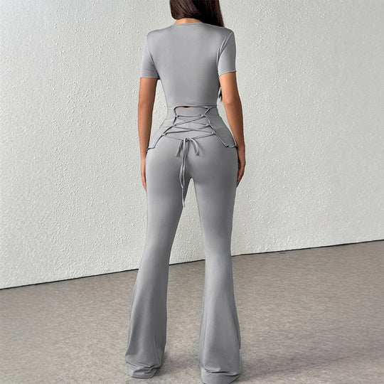 Damen elegantes Set aus figurbetontem Oberteil und ausgestellten Hosen R&B