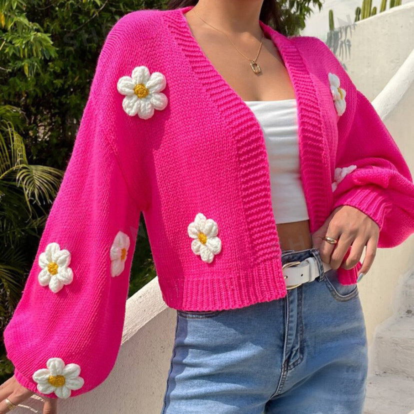 Damen Kurzstrickcardigan mit verspieltem Blumenmuster