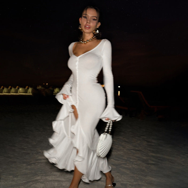 Damen Elegantes Maxikleid mit Rüschen und Knopfleiste R&B