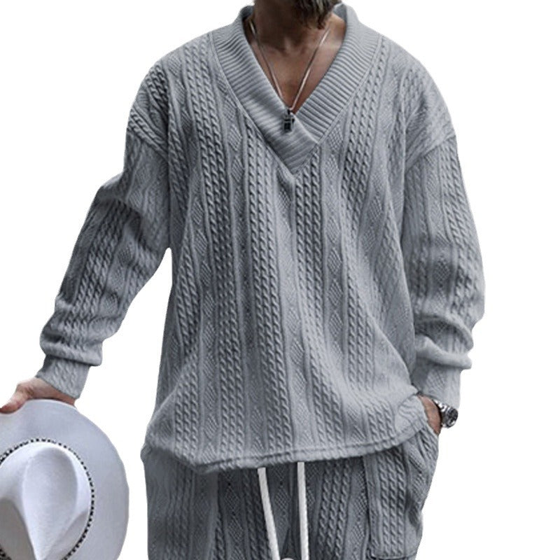 Herren lässiger Strickpullover mit V-Ausschnitt und Kabelmuster R&B