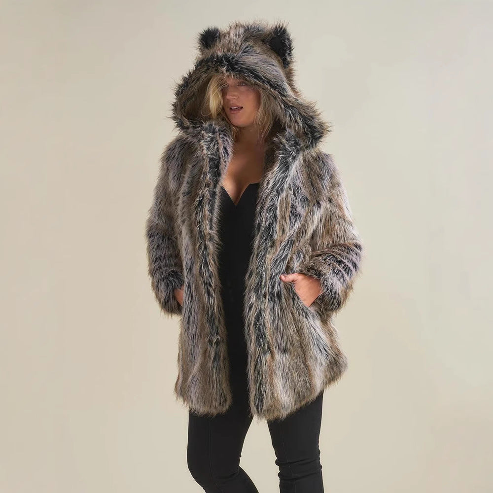 Damen Hooded Faux-Fur-Mantel mit Ohrenschützer R&B