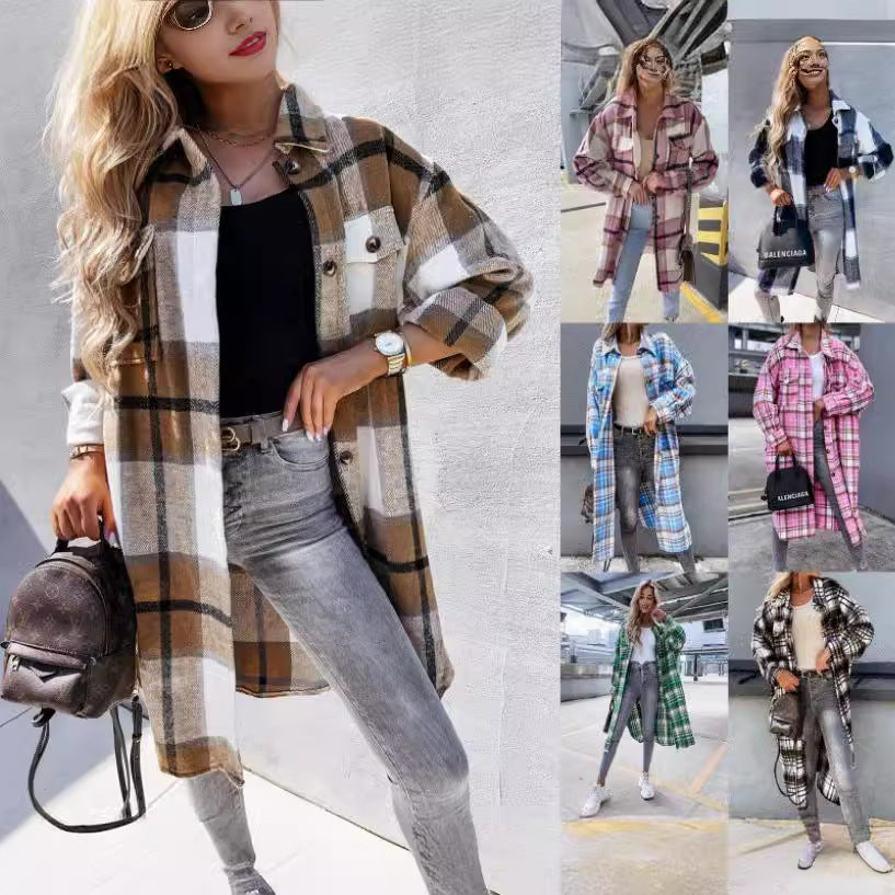 Damen lässige Karo-Hemdjacke mit asymmetrischem Schnitt und Taschen