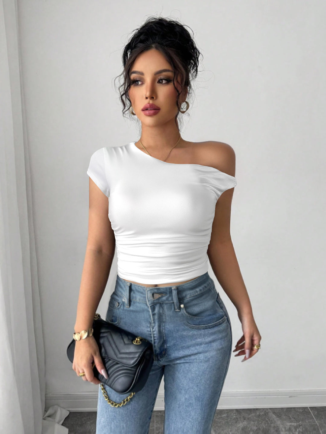 Damen Off-Shoulder Shirt mit Raffung und tailliertem Schnitt R&B