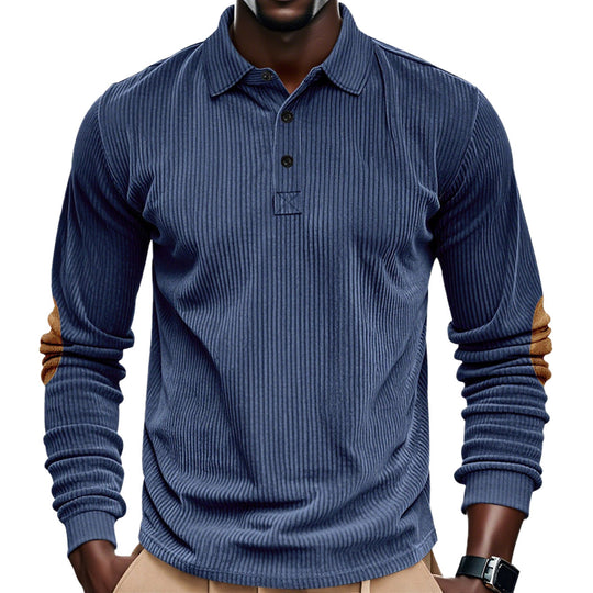 Herren nan geripptes Langarm-Poloshirt mit Henley-Knopfleiste und veloursähnlichen Ellbogenpatches R&B