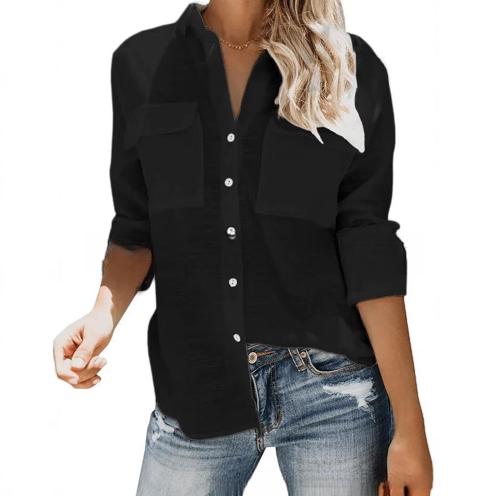 Damen leichte Sommerbluse mit zwei Brusttaschen und aufgerollten Ärmeln R&B