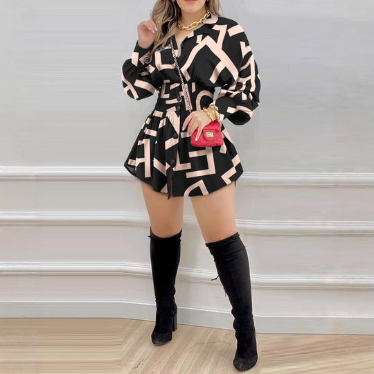 Damen trendiges Hemd-Kleid mit grafischem Design R&B