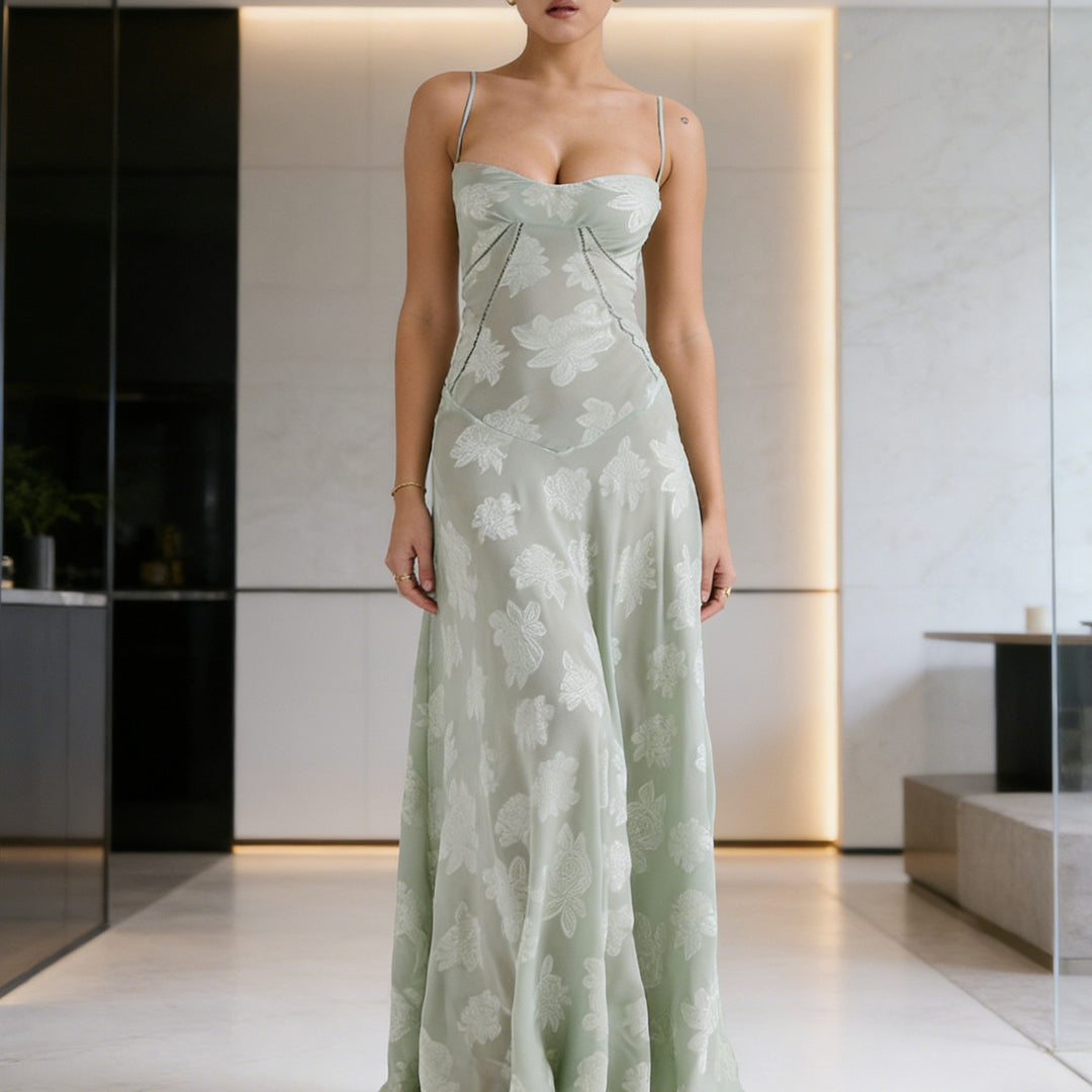 Damen Elegantes Abendkleid mit floralem Oberteil und schmalen Spaghetti-Trägern R&B