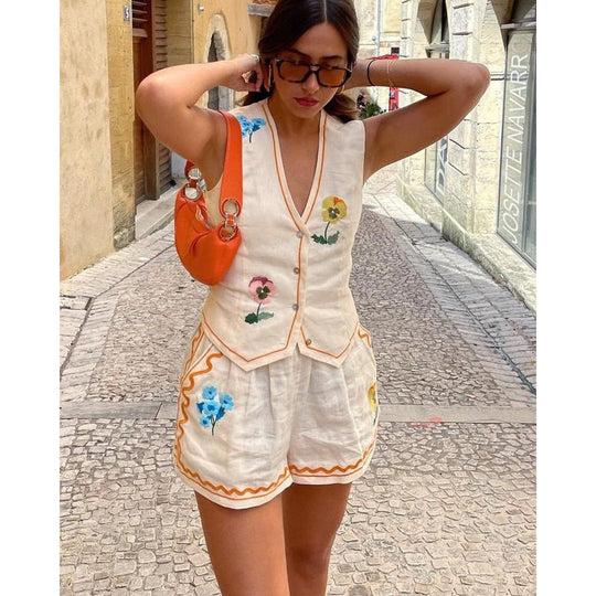 Damen Set aus ärmellosem Blusenkleid und Shorts mit floralem Design R&B