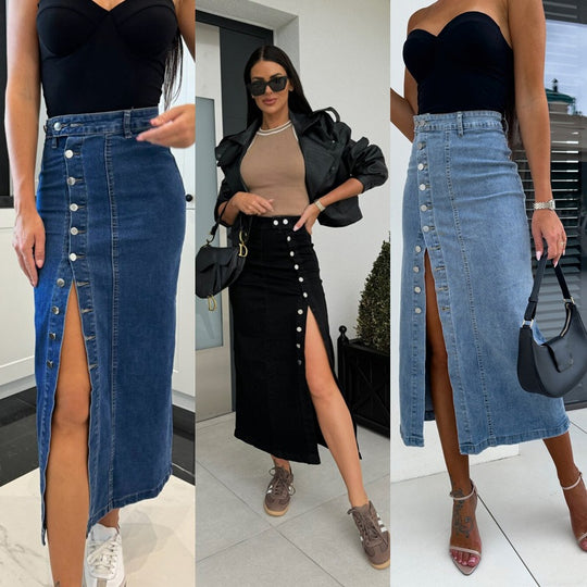 Damen Denim-Midirock mit seitlichem Schlitz und Knopfdetails R&B