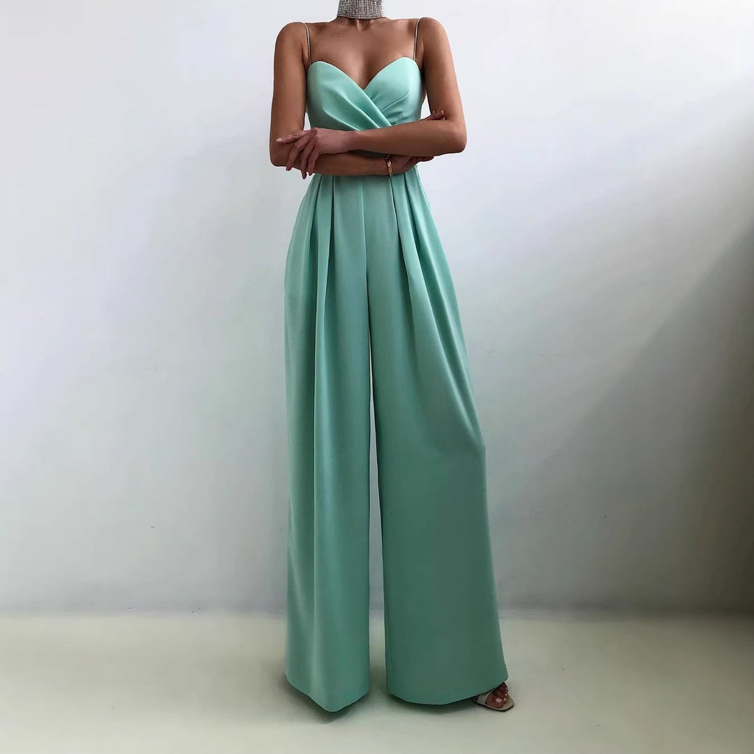 Damen eleganter Jumpsuit mit tiefem V-Ausschnitt und weiten Beinen R&B