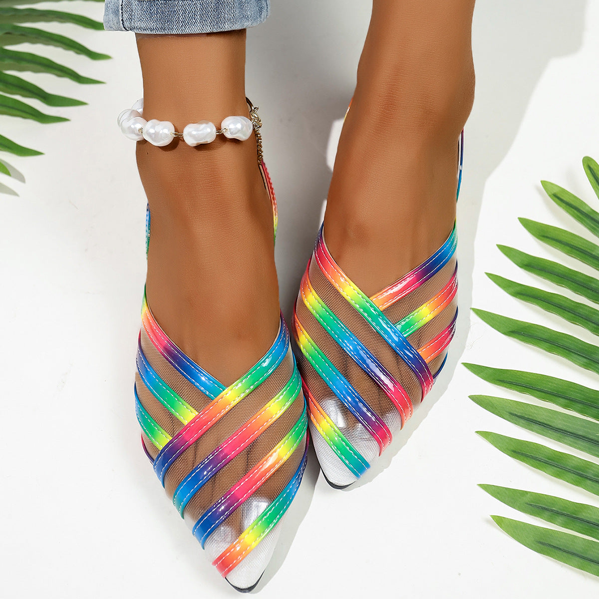 Damen Transparente Slingback Ballerinas mit buntem Streifen-Design R&B