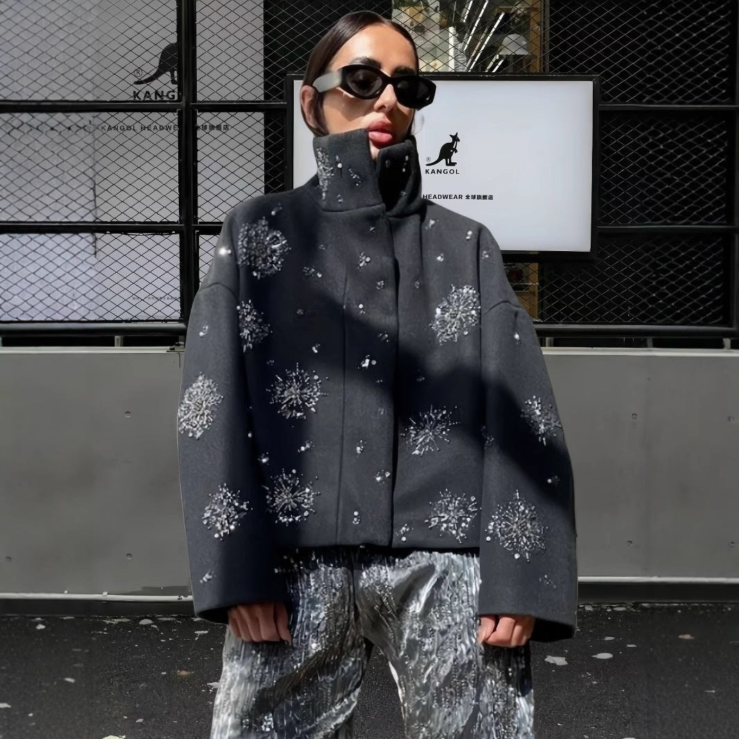 Damen Modische Oversized-Jacke mit funkelnden Applikationen R&B