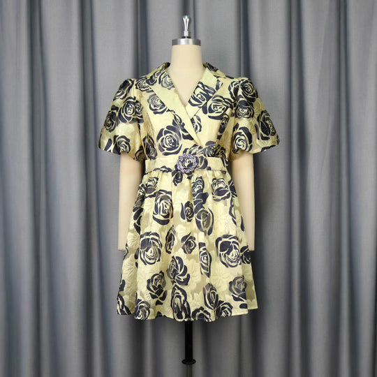 Damen Blumendesign Kurzkleid mit tailliertem Schnitt und auffälligen Puffärmeln R&B