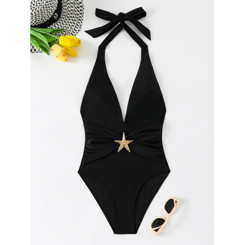 Damen Einteiliger Badeanzug mit elegantem V-Ausschnitt und dekorativem Sternenapplikation R&B