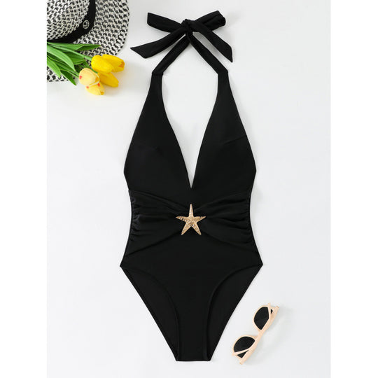 Damen Einteiliger Badeanzug mit elegantem V-Ausschnitt und dekorativem Sternenapplikation R&B