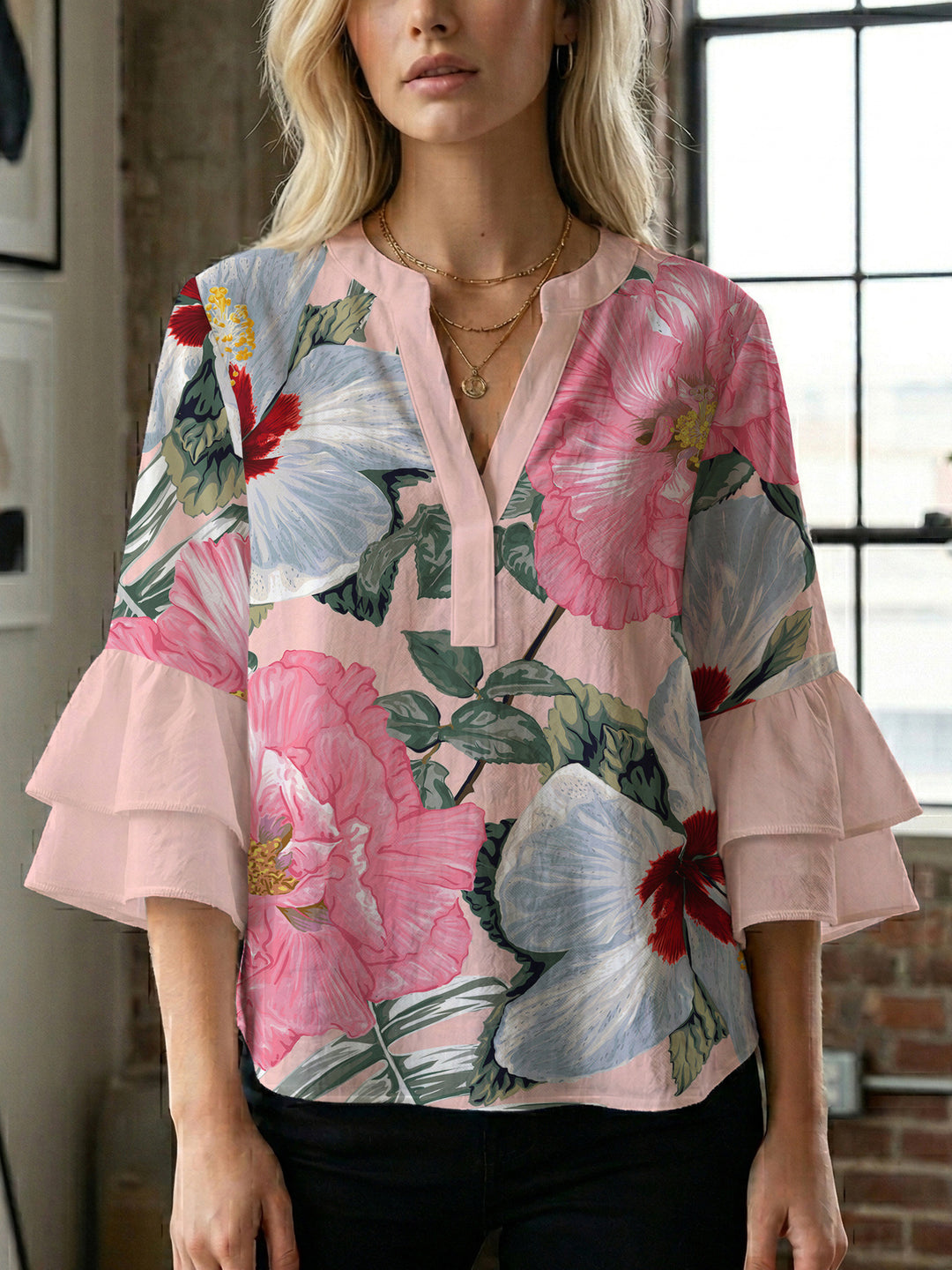 Damen Bluse mit voluminösen Rüschenärmeln und floralem Muster R&B